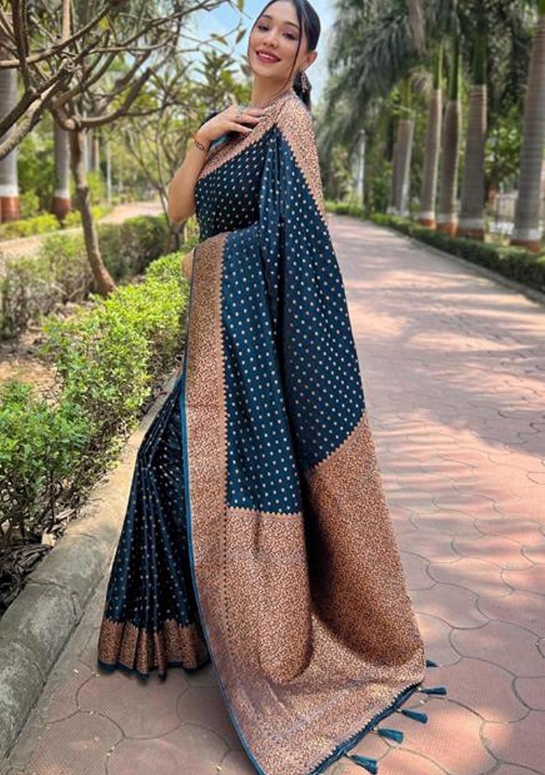 Blue Machine Embroidered Lichi Silk Saree Set