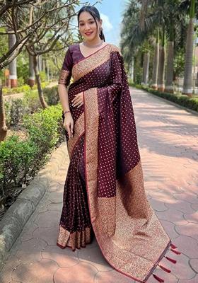 Maroon Machine Embroidered Lichi Silk Saree Set