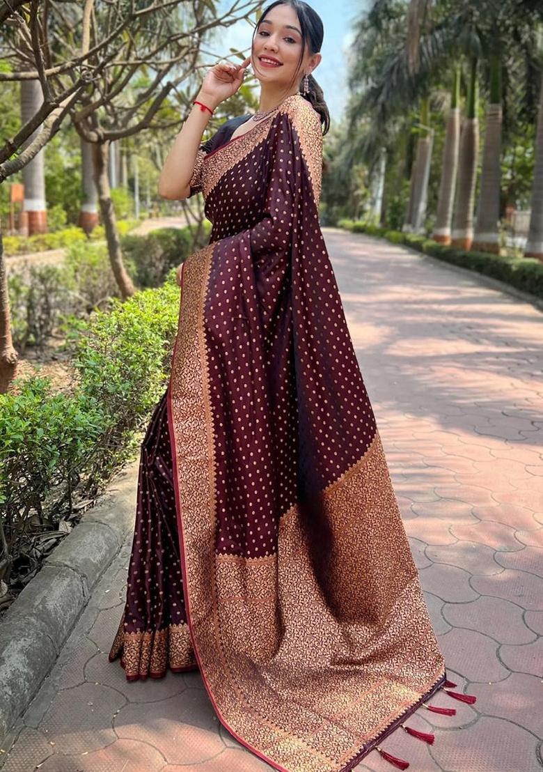 Maroon Machine Embroidered Lichi Silk Saree Set