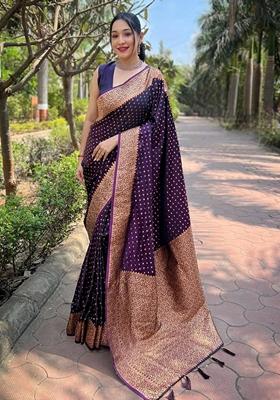 Purple Machine Embroidered Lichi Silk Saree Set