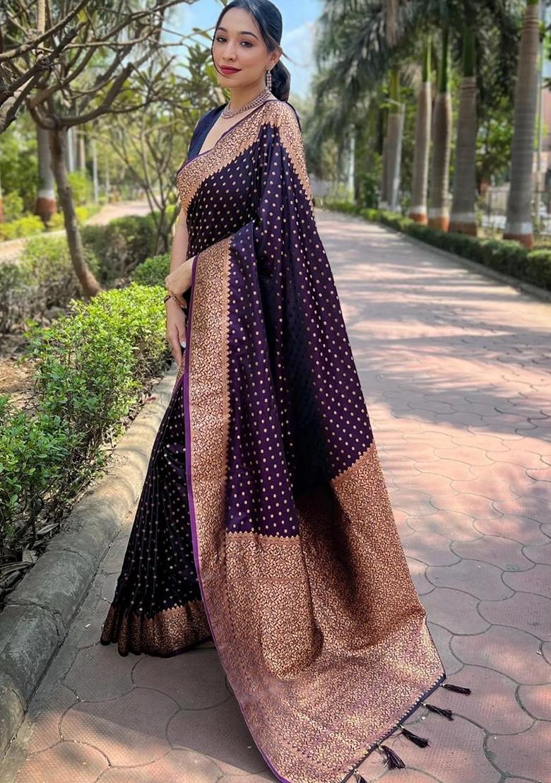 Purple Machine Embroidered Lichi Silk Saree Set