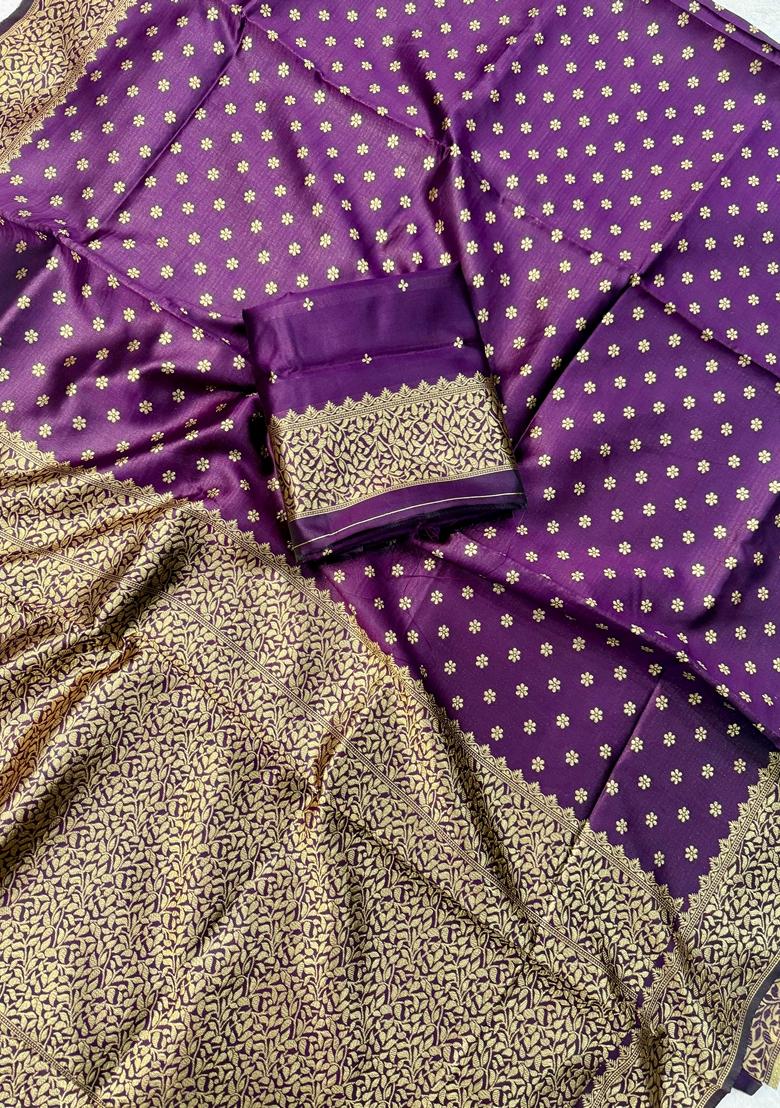 Purple Machine Embroidered Lichi Silk Saree Set