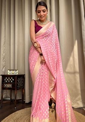 Pink Machine Embroidered Lichi Silk Saree Set