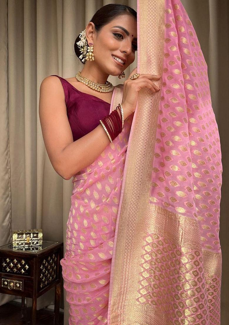 Pink Machine Embroidered Lichi Silk Saree Set