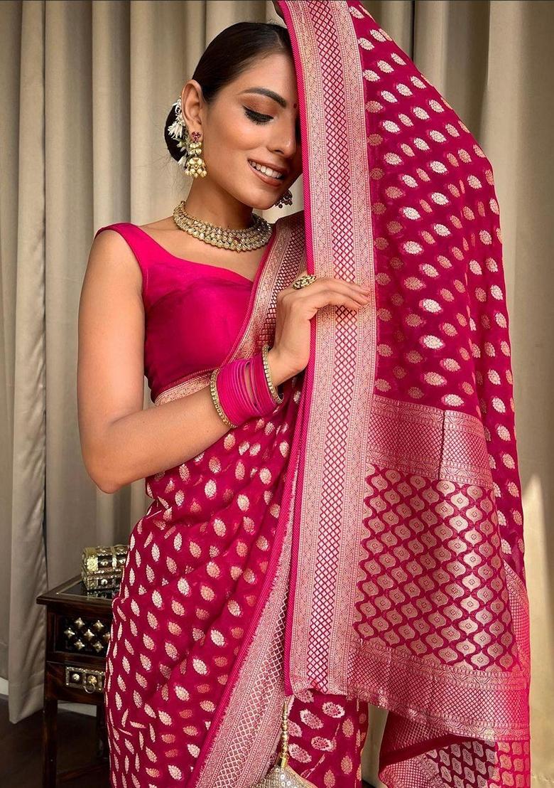 Pink Machine Embroidered Lichi Silk Saree Set