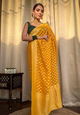 Yellow Machine Embroidered Lichi Silk Saree Set