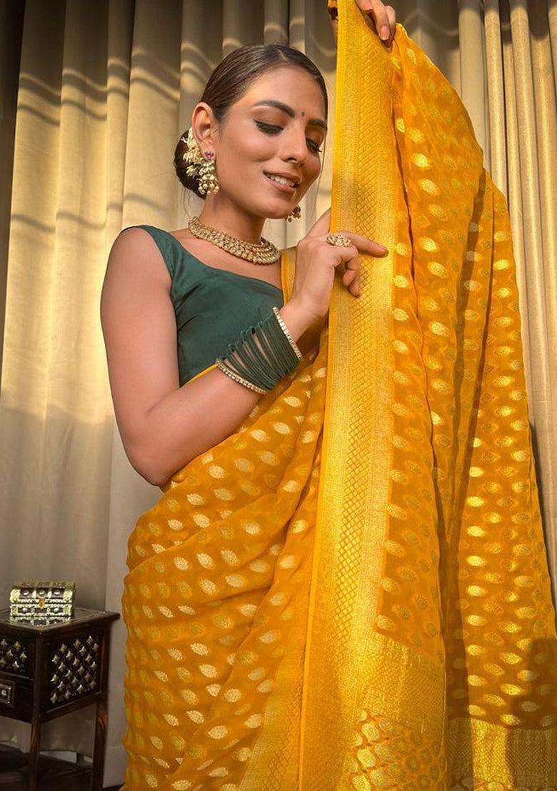 Yellow Machine Embroidered Lichi Silk Saree Set