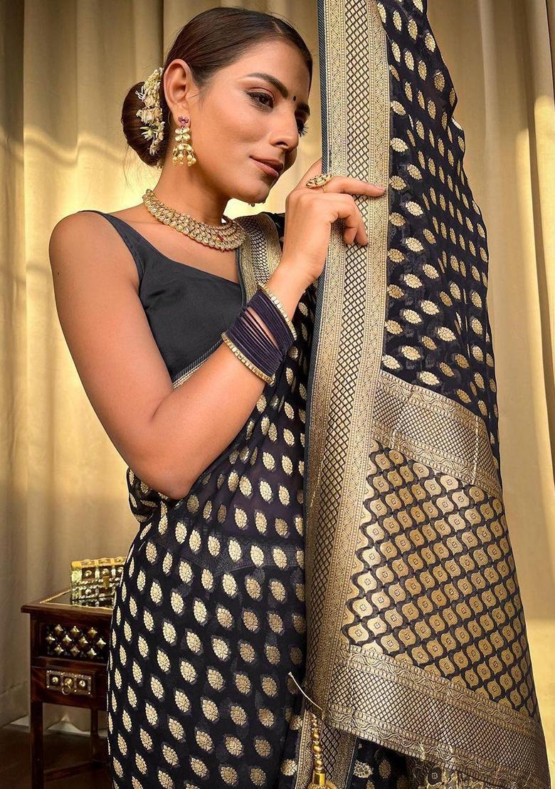 Grey Machine Embroidered Lichi Silk Saree Set