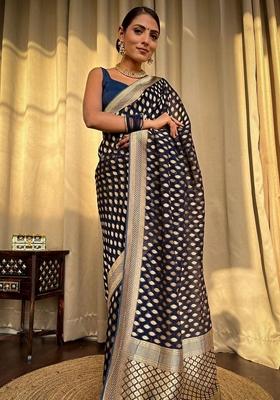 Navy Blue Machine Embroidered Lichi Silk Saree Set