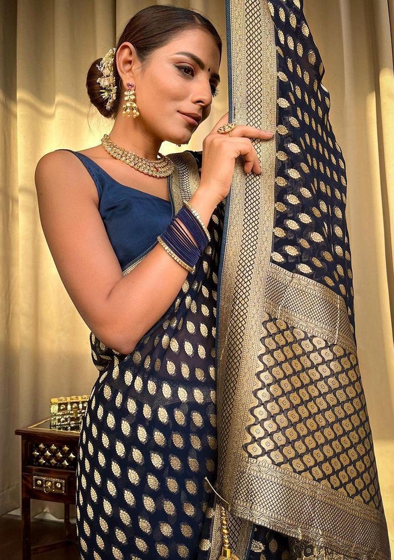 Navy Blue Machine Embroidered Lichi Silk Saree Set