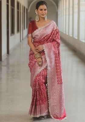 Red Machine Embroidered Lichi Silk Saree Set