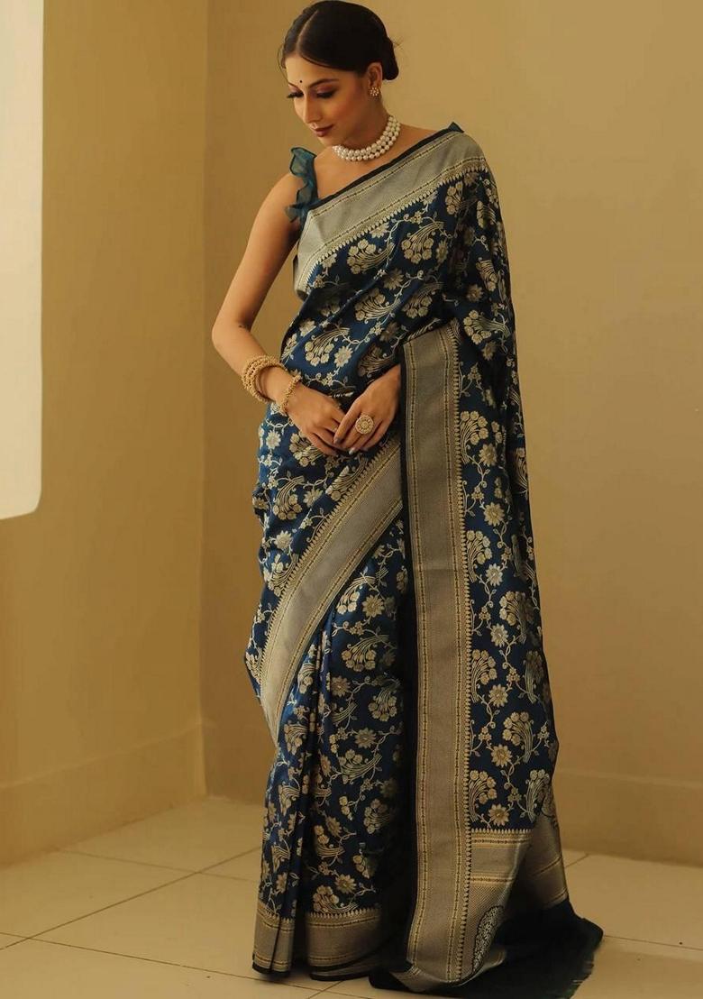Blue Machine Embroidered Lichi Silk Saree Set