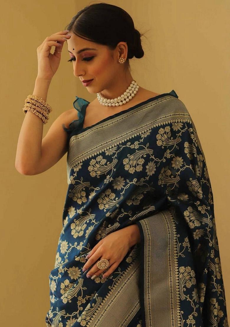 Blue Machine Embroidered Lichi Silk Saree Set