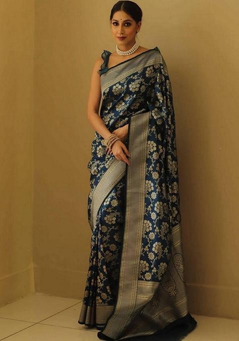 Blue Machine Embroidered Lichi Silk Saree Set