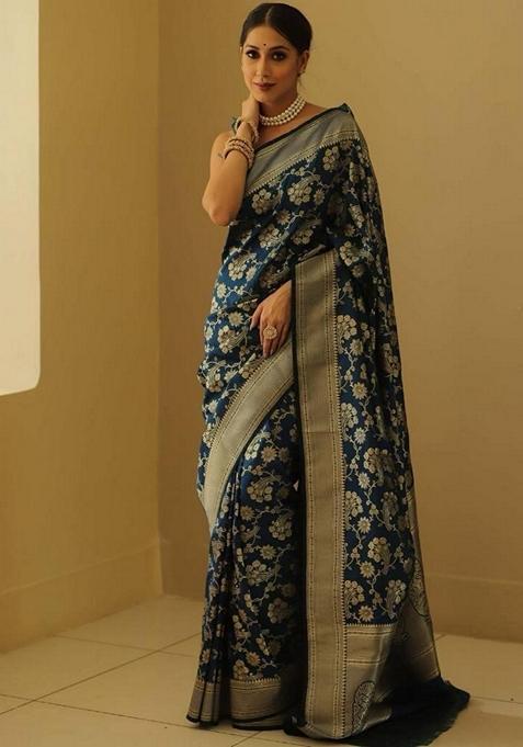 Blue Machine Embroidered Lichi Silk Saree Set