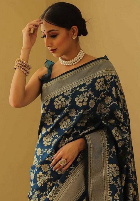 Blue Machine Embroidered Lichi Silk Saree Set
