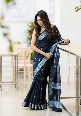 Black Machine Embroidered Linen Saree Set