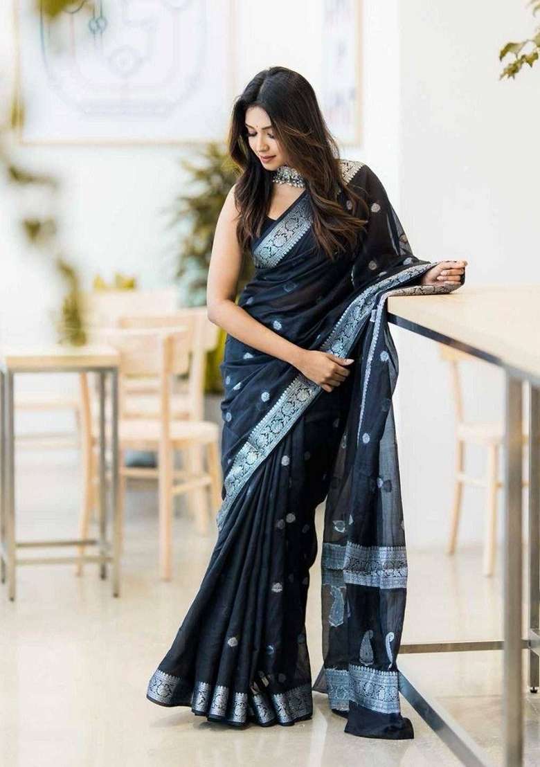 Black Machine Linen Saree Set with Embroidered for Diwali | Wedding & Festive Wear - Indya