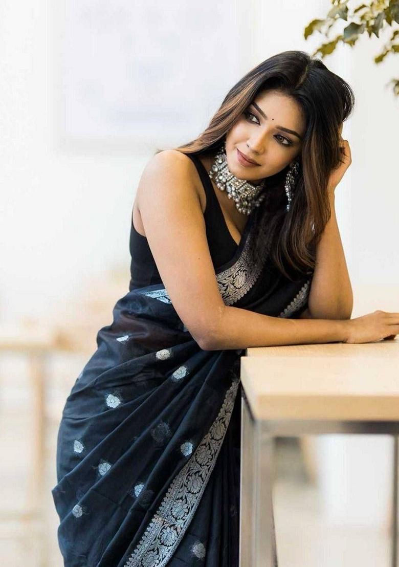 Black Machine Embroidered Linen Saree Set