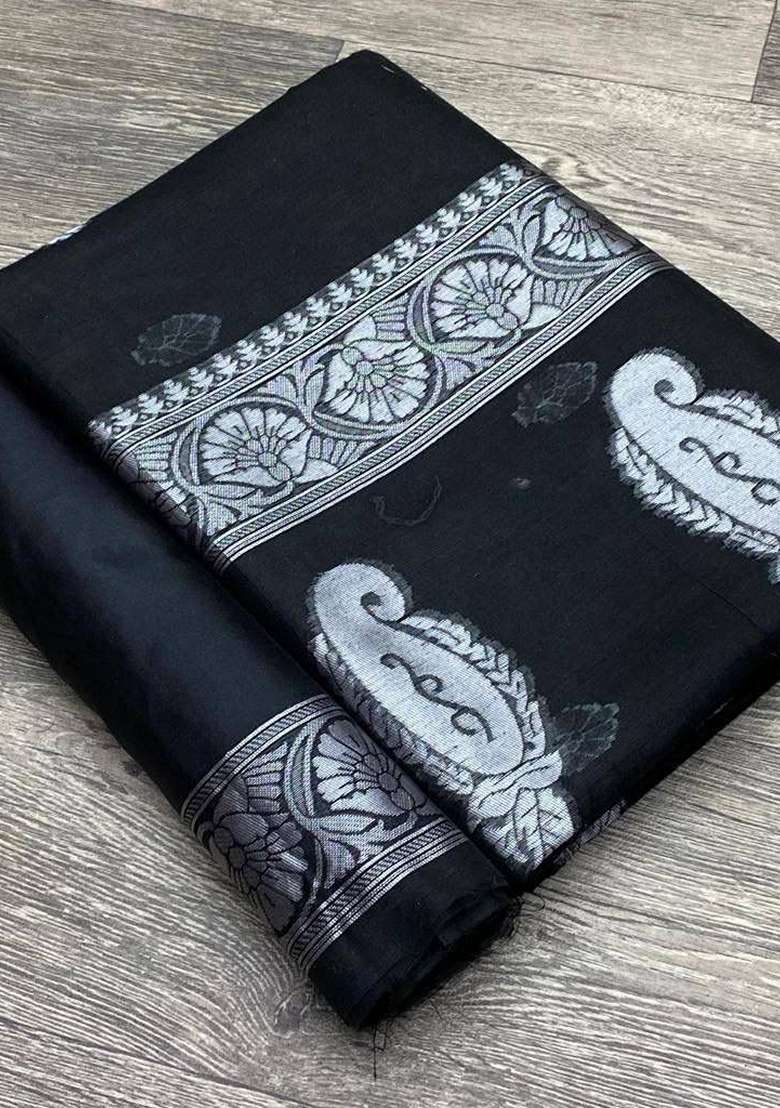 Black Machine Linen Saree Set with Embroidered for Diwali | Wedding & Festive Wear - Indya