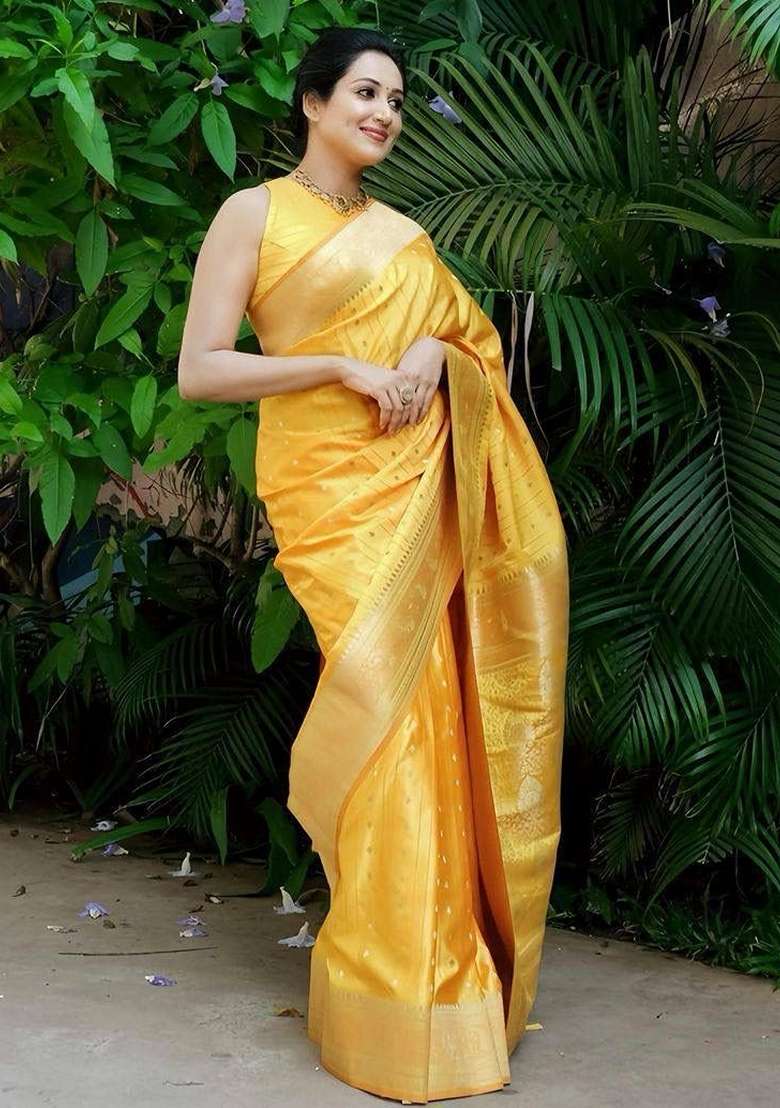 Yellow Machine Lichi Silk Blend Saree Set with Embroidered for Diwali | Wedding & Festive Wear - Indya