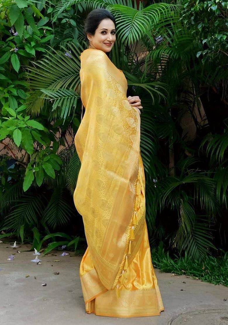 Yellow Machine Embroidered Lichi Silk Saree Set