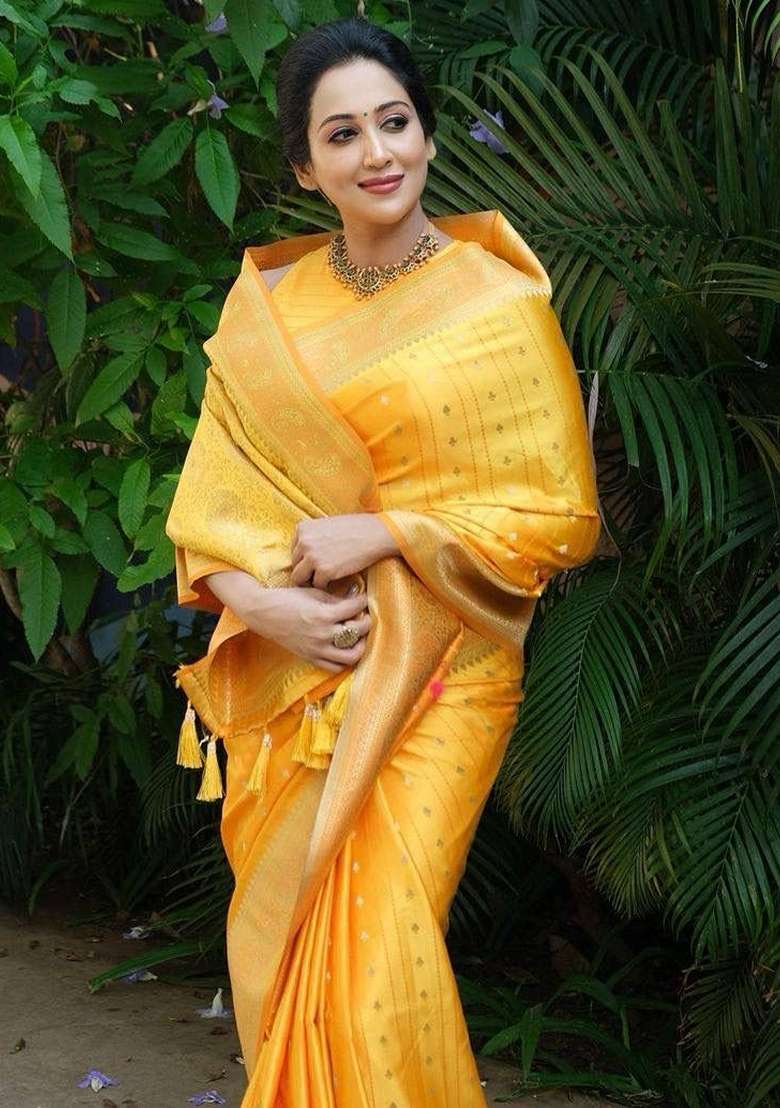 Yellow Machine Lichi Silk Blend Saree Set with Embroidered for Diwali | Wedding & Festive Wear - Indya