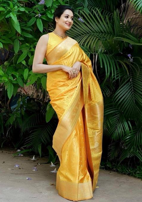 Yellow Machine Embroidered Lichi Silk Saree Set