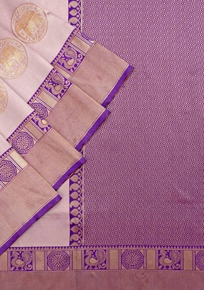 Cream Machine Embroidered Lichi Silk Saree Set