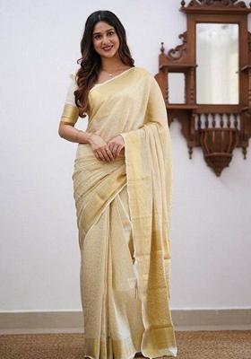 Cream Machine Embroidered Lichi Silk Saree Set