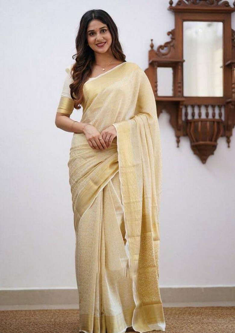 Cream Machine Embroidered Lichi Silk Blend Saree Set for Diwali and Festive Wear - Indya
