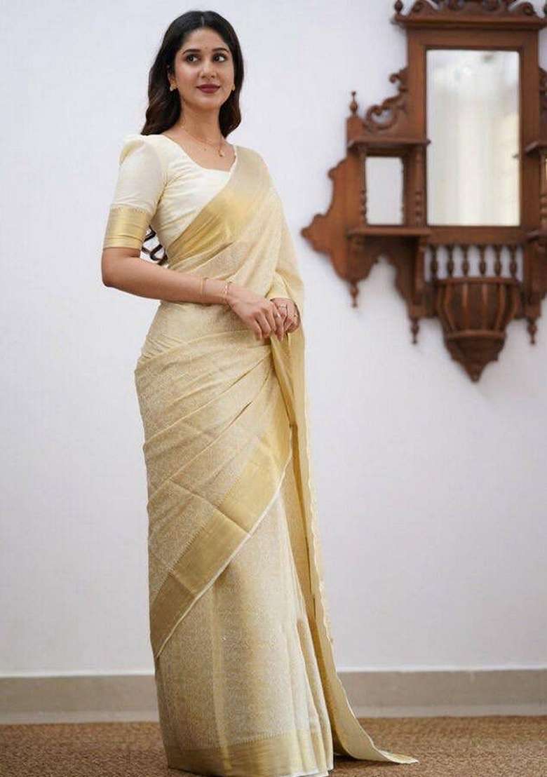 Cream Machine Embroidered Lichi Silk Blend Saree Set for Diwali and Festive Wear - Indya