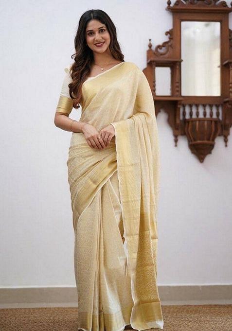 Cream Machine Embroidered Lichi Silk Saree Set