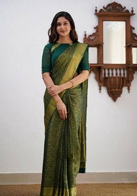 Green Machine Embroidered Lichi Silk Saree Set