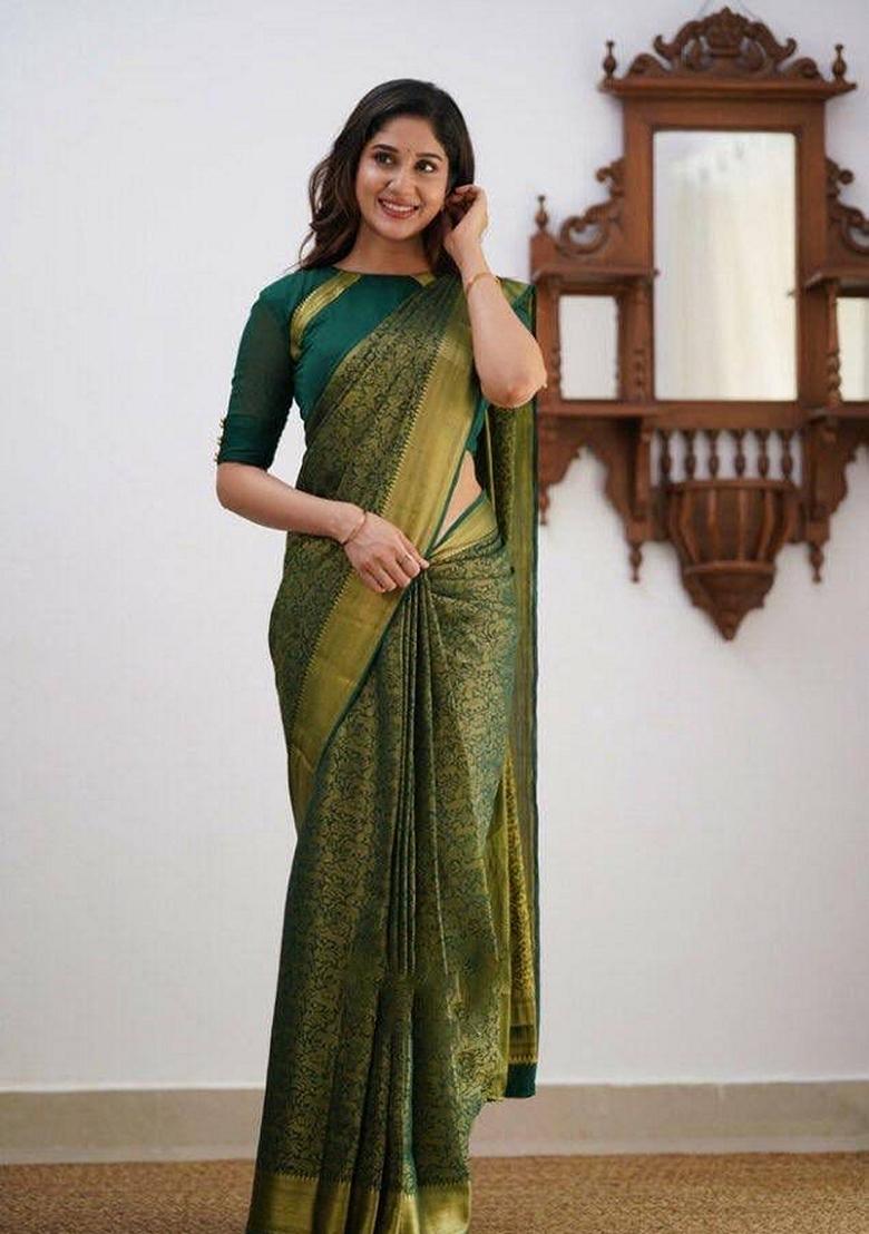 Green Machine Embroidered Lichi Silk Saree Set