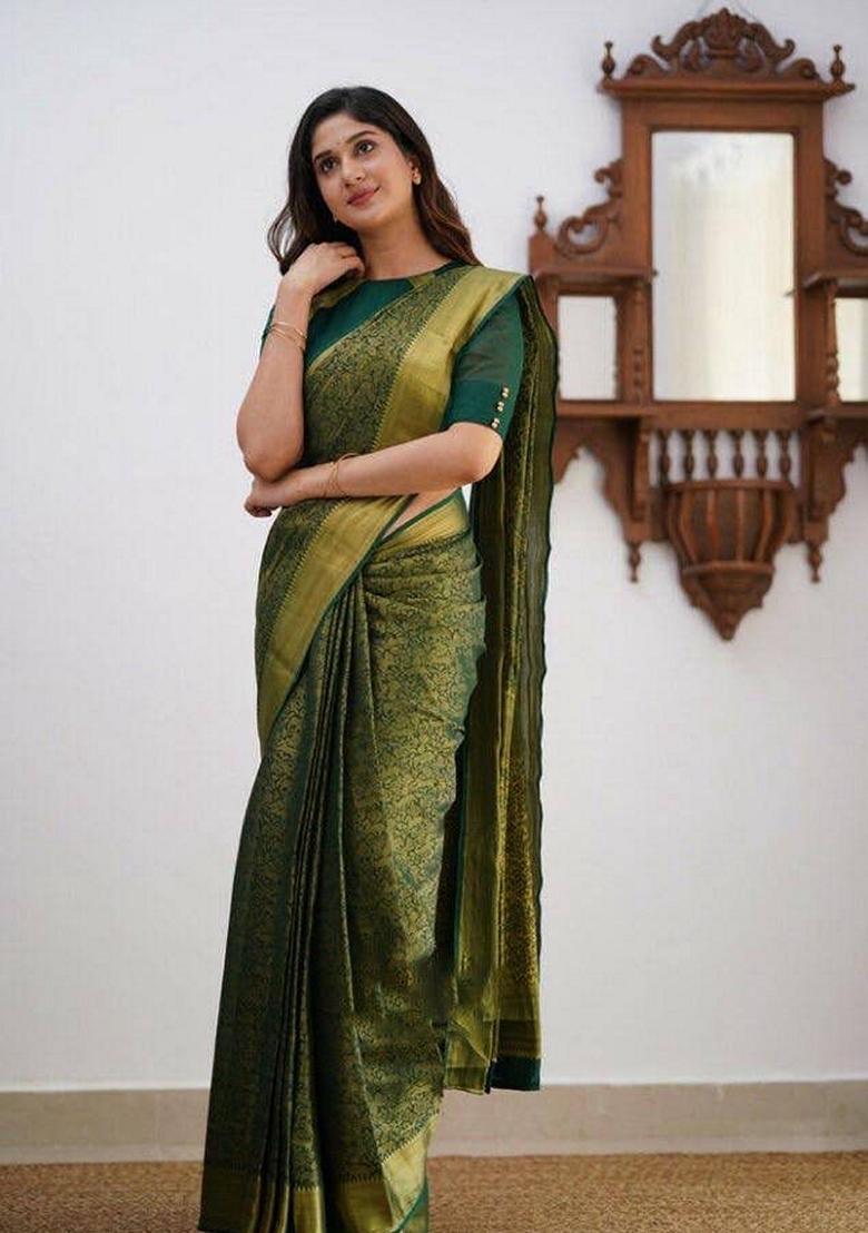 Green Machine Embroidered Lichi Silk Saree Set