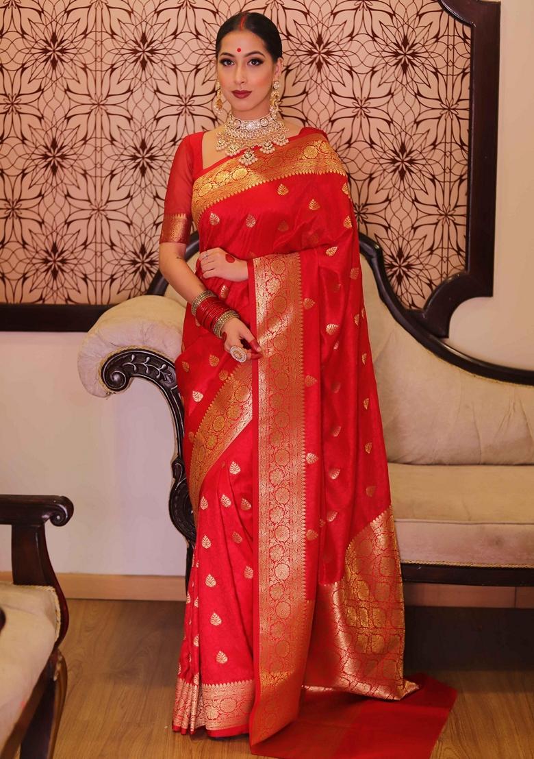 Red Machine Embroidered Lichi Silk Saree Set