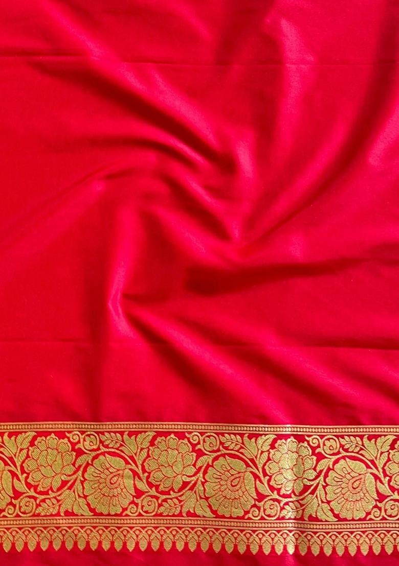 Red Machine Embroidered Lichi Silk Saree Set