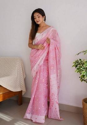 Pink Machine Embroidered Linen Saree Set