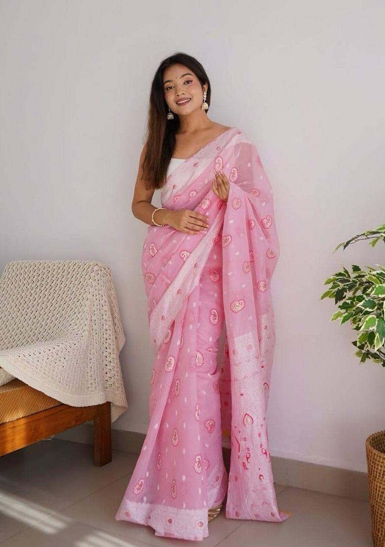 Pink Machine Embroidered Linen Saree Set