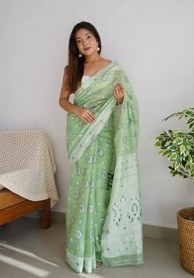 Green Machine Embroidered Linen Saree Set