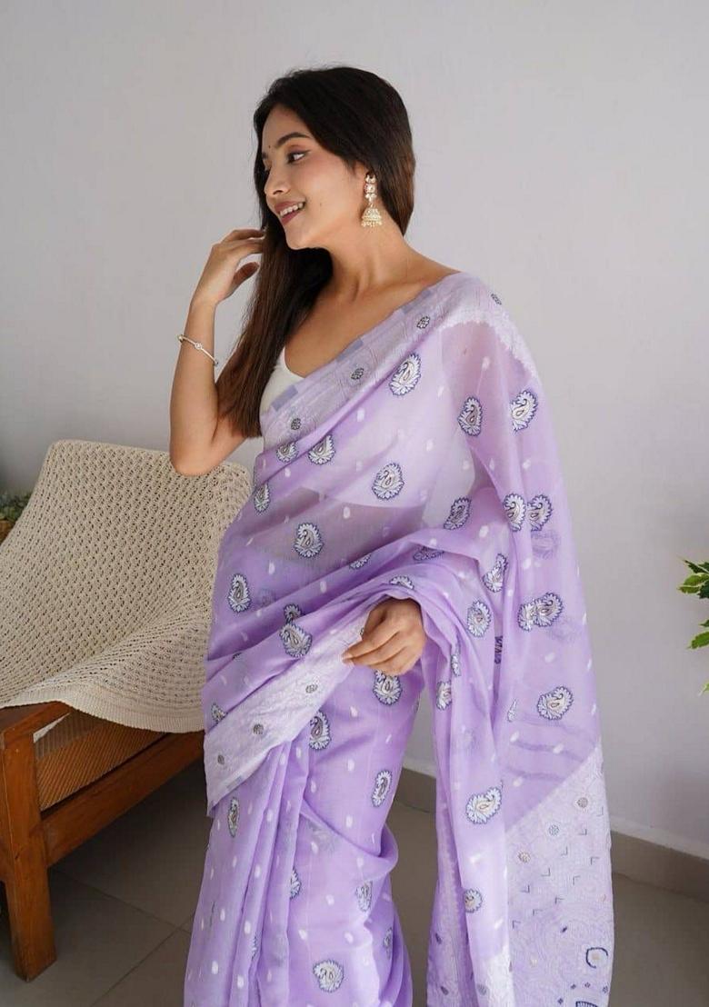 Purple Machine Embroidered Linen Saree Set