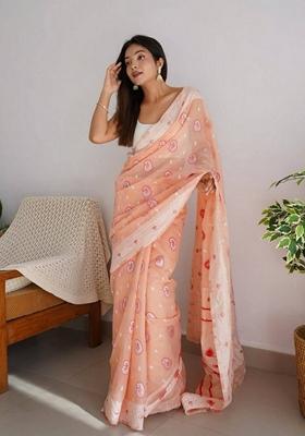 Peach Machine Embroidered Linen Saree Set