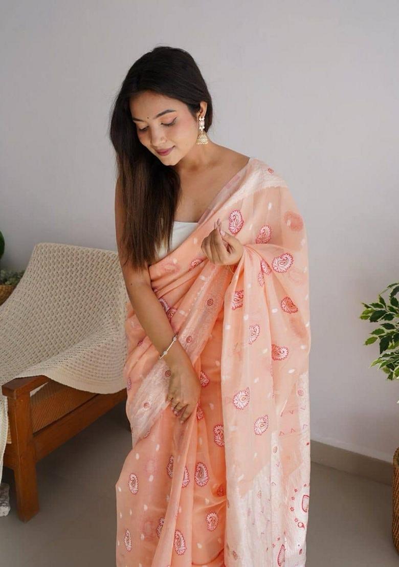 Peach Machine Embroidered Linen Saree Set