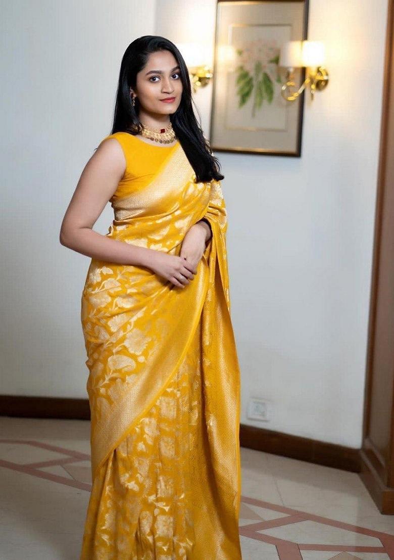 Mustard Yellow Machine Embroidered Lichi Silk Saree Set