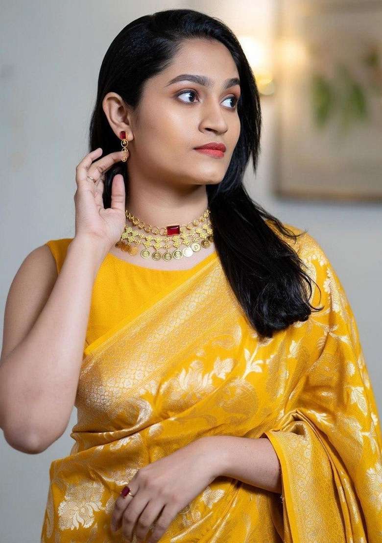 Mustard Yellow Machine Embroidered Lichi Silk Blend Saree Set for Diwali and Festive Wear - Indya