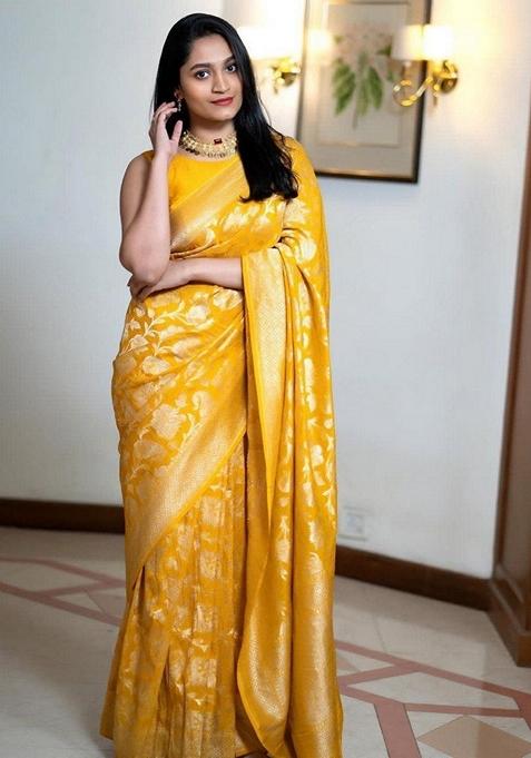 Mustard Yellow Machine Embroidered Lichi Silk Saree Set