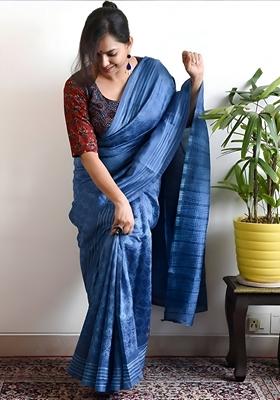 Blue Machine Embroidered Chanderi Cotton Saree Set