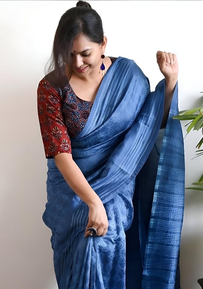 Blue Machine Embroidered Chanderi Cotton Saree Set
