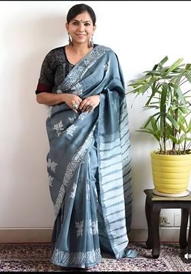 Grey Machine Embroidered Chanderi Cotton Saree Set